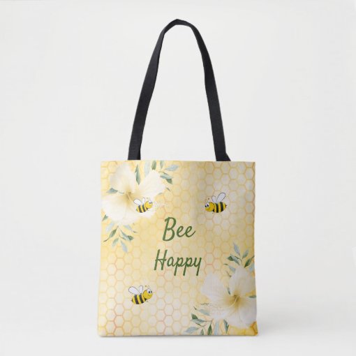 Bee Happy Bumble Bees Yellow Honeycomb Cute Fun Tote Bag 