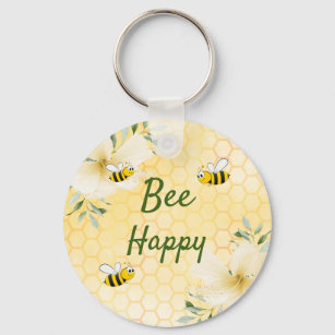 Bee Happy bumble bees yellow honeycomb cute Keychain