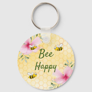 Bee Happy bumble bees yellow honeycomb cute Keychain