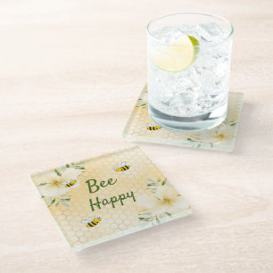 Bee Happy bumble bees yellow honeycomb humor Glass Coaster