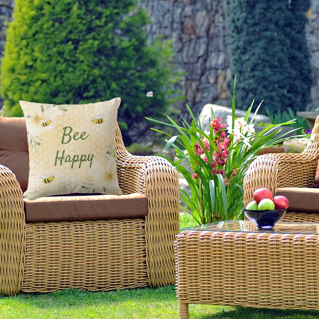Bee Happy bumble bees yellow honeycomb humor Outdoor Pillow (Creator Uploaded)