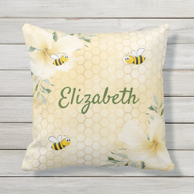 Bee Happy bumble bees yellow honeycomb name humor Outdoor Pillow