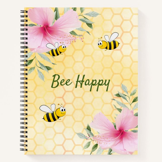 Bee Happy bumble bees yellow honeycomb sketch Notebook (Front)