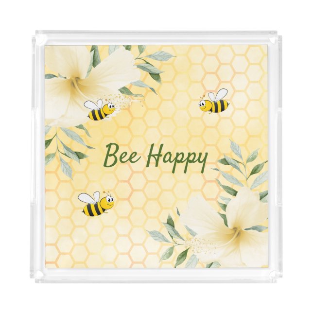 Bee Happy bumble bees yellow honeycomb summer Acrylic Tray (Front)