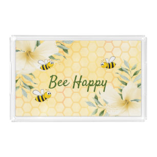 Bee Happy bumble bees yellow honeycomb summer Acrylic Tray
