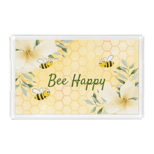 Bee Happy bumble bees yellow honeycomb summer Acrylic Tray (Front)