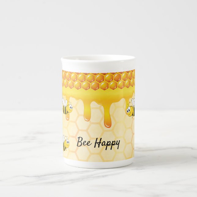 Bee Happy bumble bees yellow honeycomb summer Bone China Mug (Front)