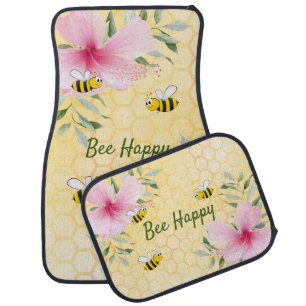 Bee happy bumble bees yellow honeycomb summer car floor mat
