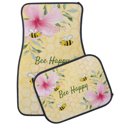 Bee happy bumble bees yellow honeycomb summer car floor mat
