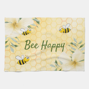 Bee Happy bumble bees yellow honeycomb summer Kitchen Towel