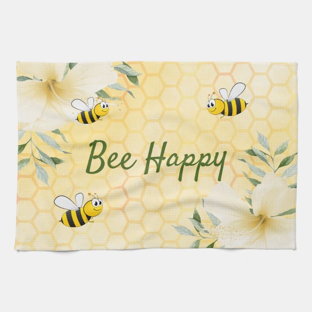 Bee Happy bumble bees yellow honeycomb summer Kitchen Towel (Horizontal)