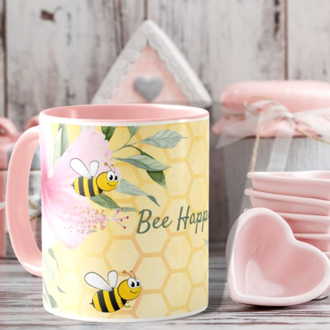 Bee Happy bumble bees yellow honeycomb summer Mug (Creator Uploaded)