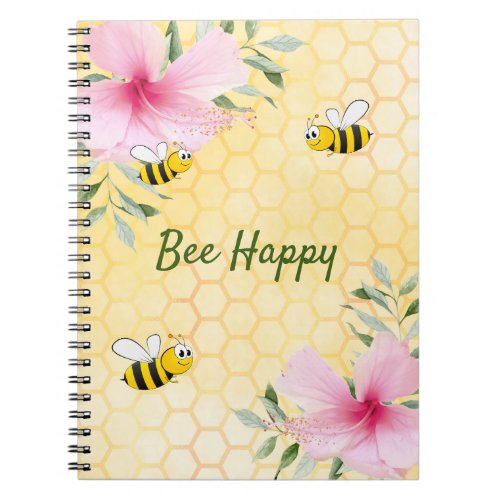 Bee Happy bumble bees yellow honeycomb summer Notebook