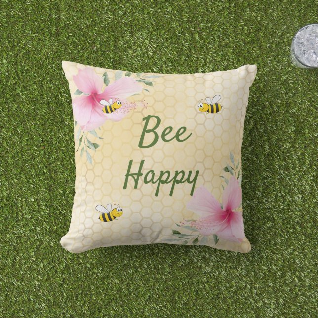 Bee Happy bumble bees yellow honeycomb summer Outdoor Pillow (Grass)
