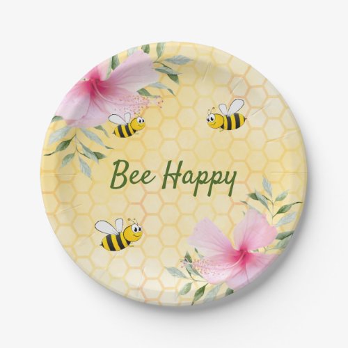 Bee Happy bumble bees yellow honeycomb summer Paper Plates