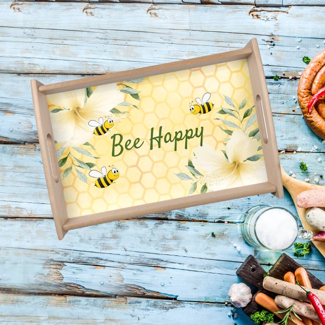Bee Happy bumble bees yellow honeycomb summer Serving Tray (Creator Uploaded)