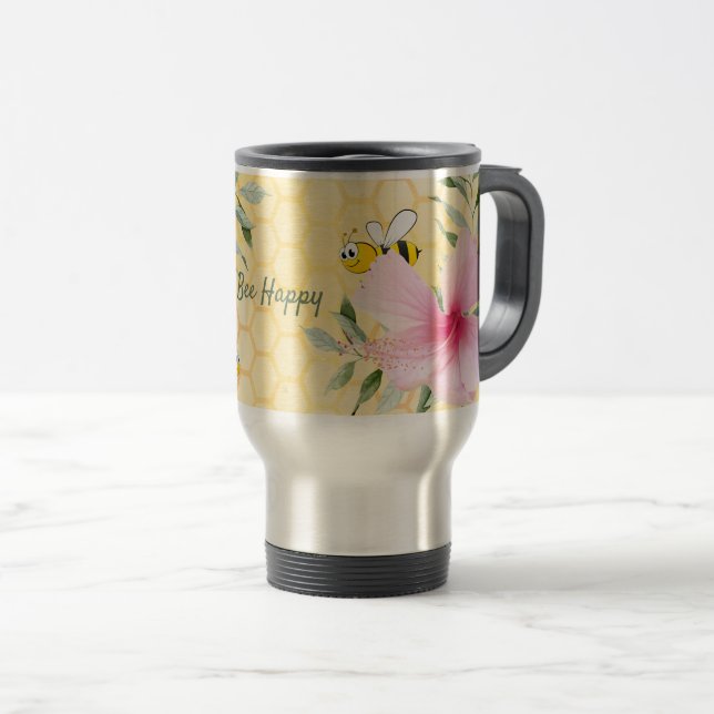 Bee Happy bumble bees yellow honeycomb summer Travel Mug (Front Right)