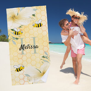 Bee Happy bumble bees yellow honeycomb sweet Beach Towel