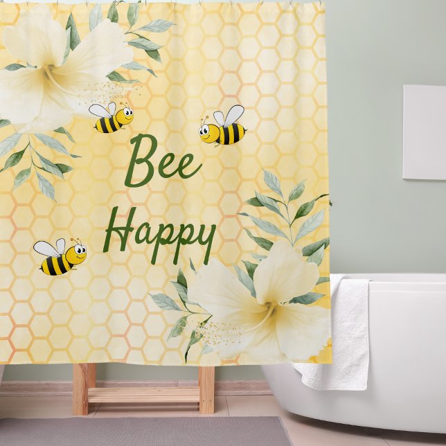 Bee Happy bumble bees yellow honeycomb sweet cute Shower Curtain (Creator Uploaded)