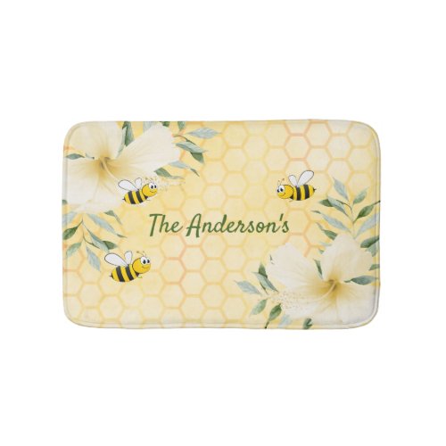 Bee Happy bumble bees yellow honeycomb sweet name Bath Mat