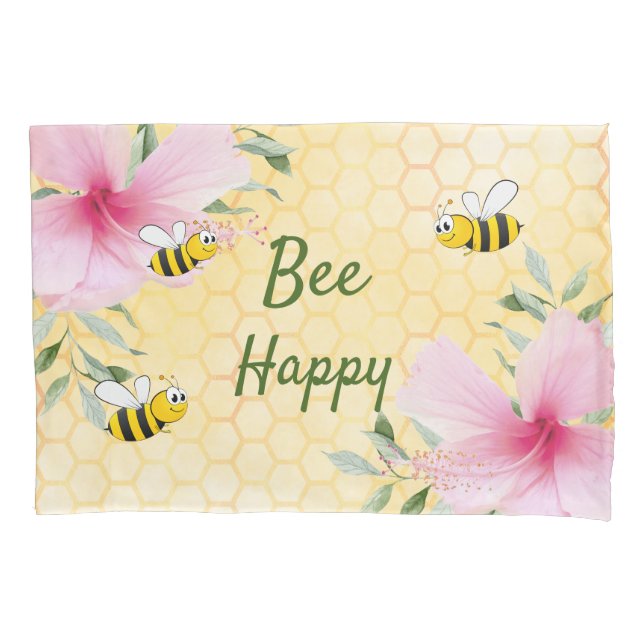 Bee happy bumble bees yellow honeycomb sweet pillow case (Front)
