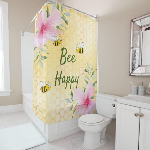 Bee Happy bumble bees yellow honeycomb sweet Shower Curtain