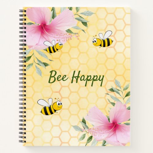 Bee Happy bumbleyellow honeycomb pink flowers Notebook