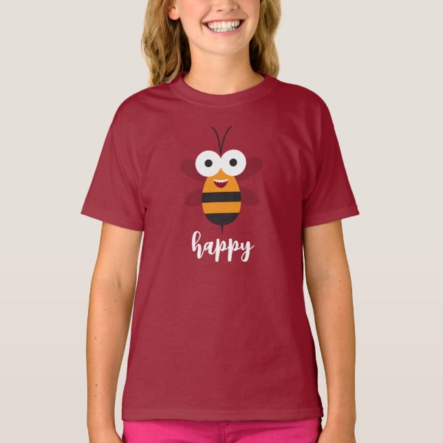 Bee Happy Cartoon Honey Bee Funny Cute Girl T-Shirt (Front)