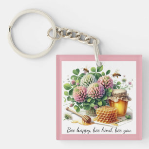 Bee Happy Clover and Honey Acrylic Keychain