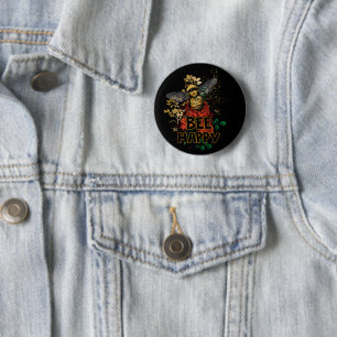 Bee Happy Colorful Bee and Flowers Button