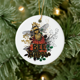 Bee Happy Colorful Bee and Flowers Ceramic Ornament