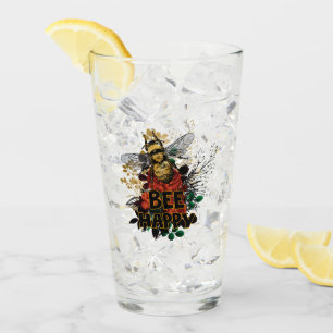 Bee Happy Colorful Bee and Flowers Glass