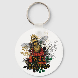 Bee Happy Colorful Bee and Flowers Keychain