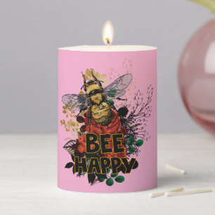 Bee Happy Colorful Bee and Flowers Pillar Candle