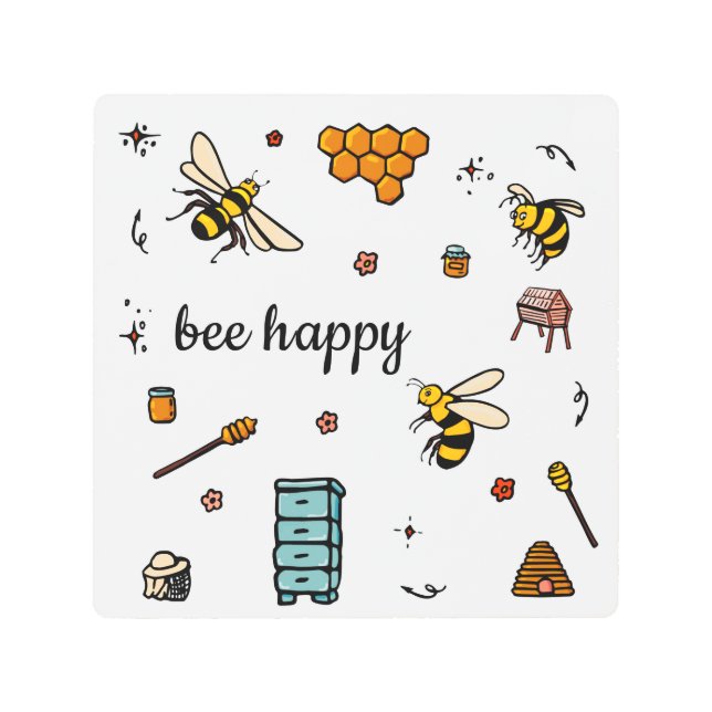 Bee happy cute bees word art Metal Art (Front)