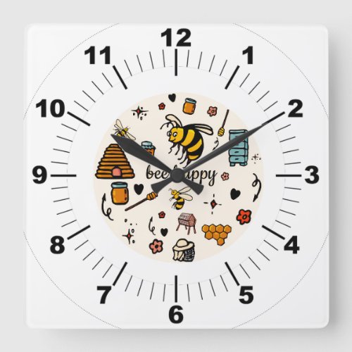 Bee happy cute bees word art square wall clock