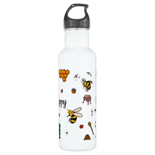 Bee happy cute bees word art stainless steel water bottle