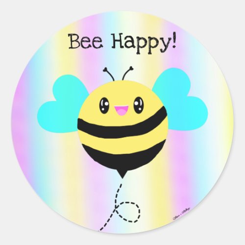 Bee Happy Cute Kawaii Pastel Rainbow Stripes Classic Round Sticker