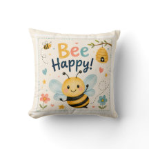 Bee Happy Cute Kids Throw Pillow
