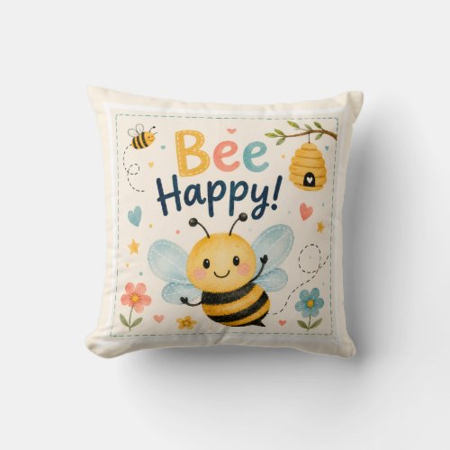 Bee Happy Cute Kids Throw Pillow