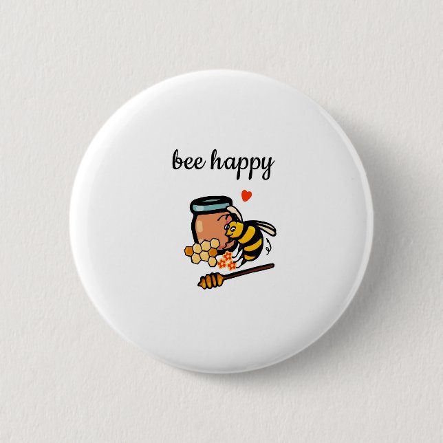 Bee happy cute yellow and blue word art button (Front)