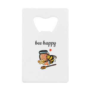 Bee happy cute yellow and blue word art credit card bottle opener
