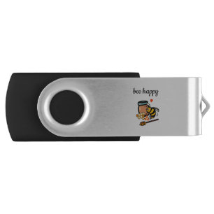 Bee happy cute yellow and blue word art flash drive