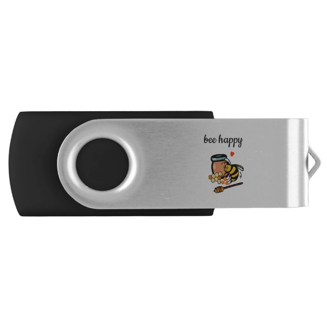 Bee happy cute yellow and blue word art flash drive (Front)