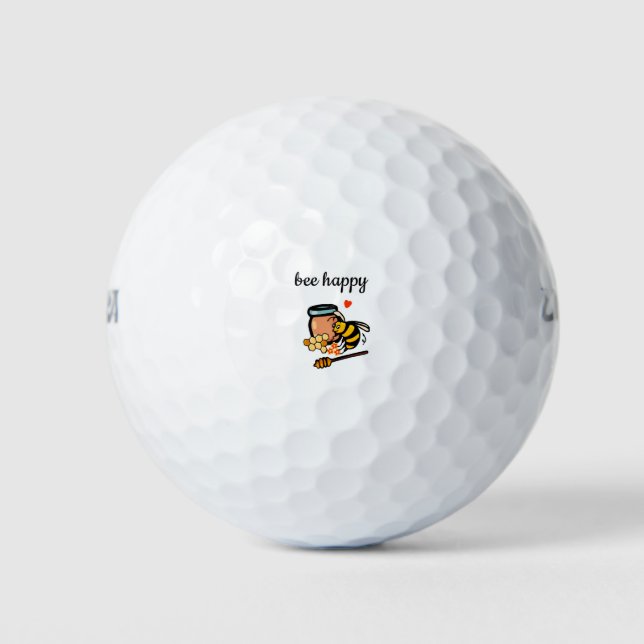 Bee happy cute yellow and blue word art golf balls (Front)
