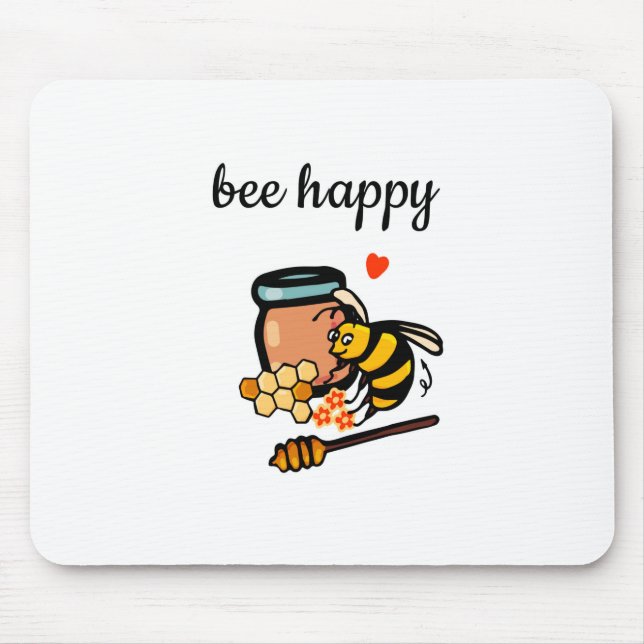 Bee happy cute yellow and blue word art mouse pad (Front)