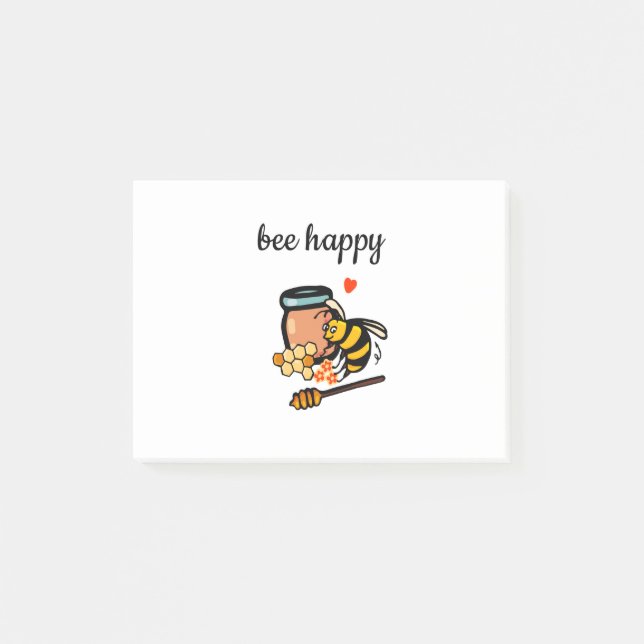 Bee happy cute yellow and blue word art post-it notes (Front)