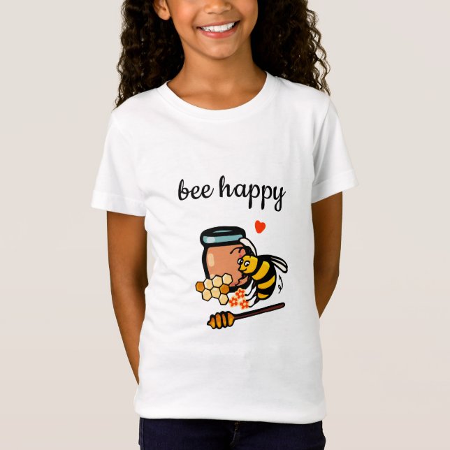 Bee happy cute yellow bee word art  T-Shirt (Front)
