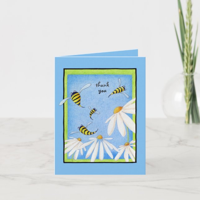 Bee Happy Daisies Thank You Note  Card (Front)