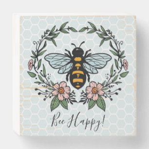 Bee Happy Floral Wreath Inspirational Wooden Box Sign